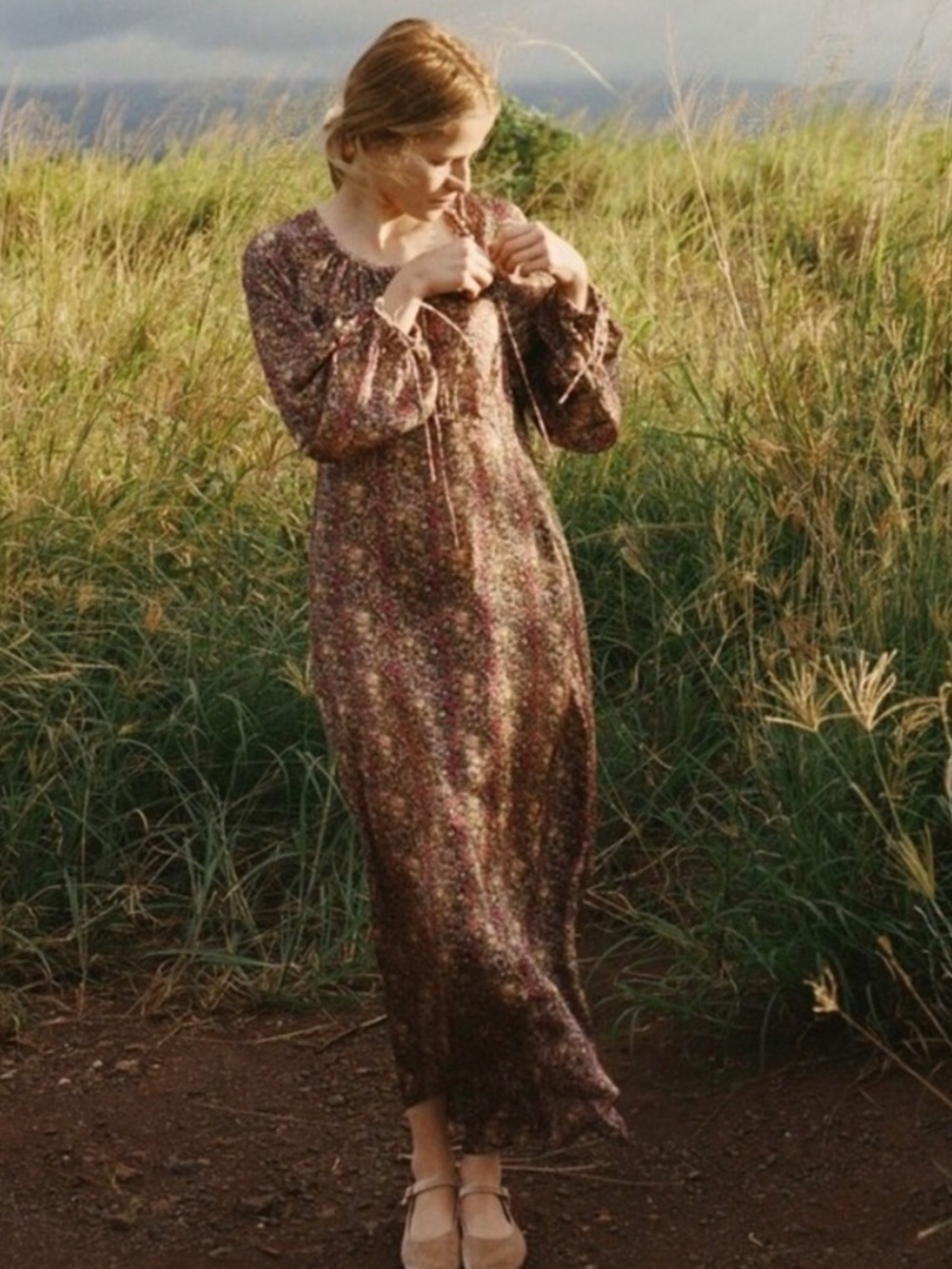 Doen Brown Floral Tie-Front Long Sleeve Maxi Dress